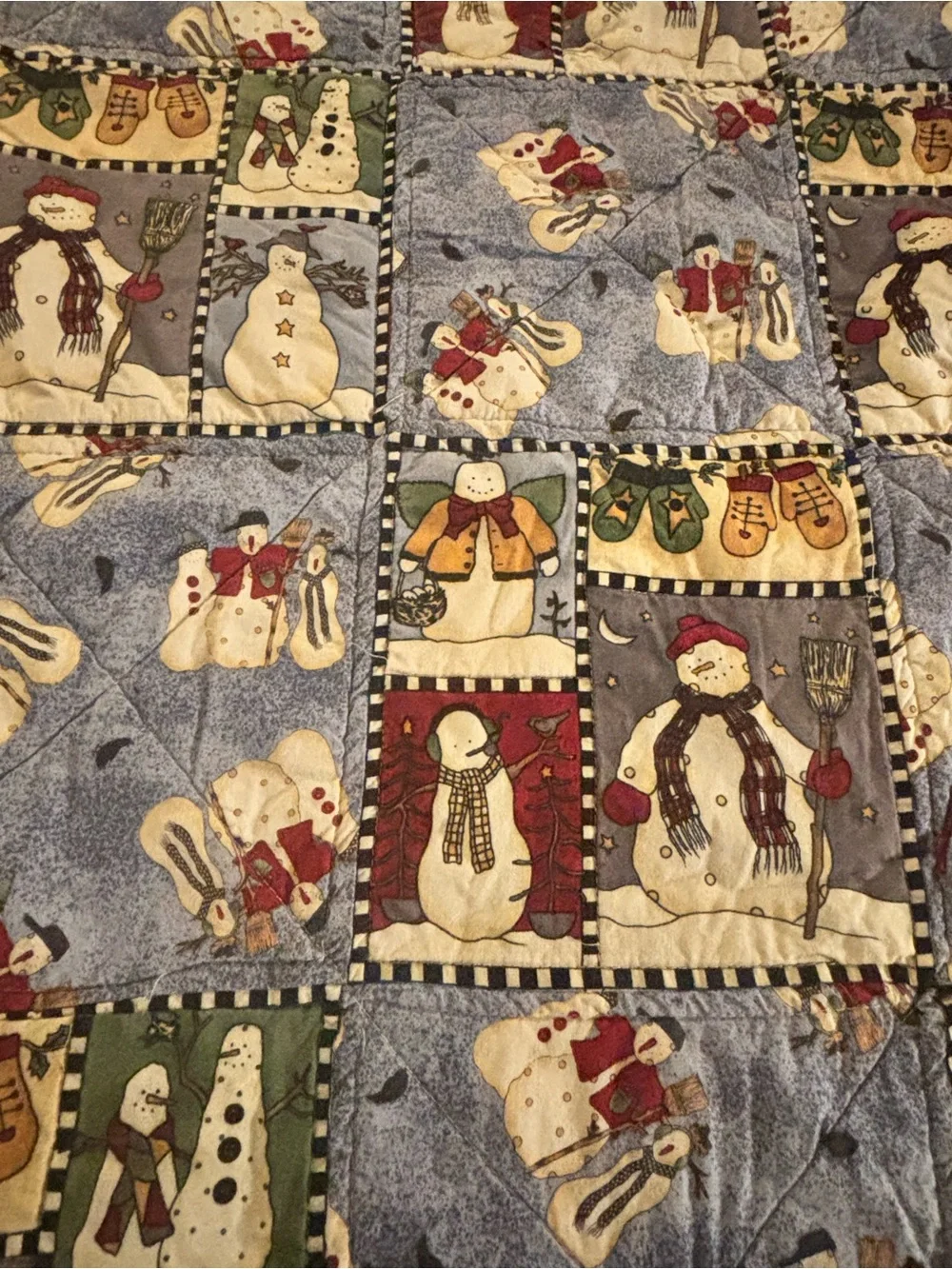 Cute Snowman Patchwork Quilt - Festive Red, Blue, Cream
